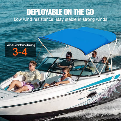VEVOR 3 Bow Bimini Top Boat Cover, 900D Polyester Canopy with 1" Aluminum Alloy Frame, Waterproof and Sun Shade, Includes Storage Boot, 2 Support Poles, 4 Straps, 6'L x 46"H x 61"-66"W, Pacific Blue