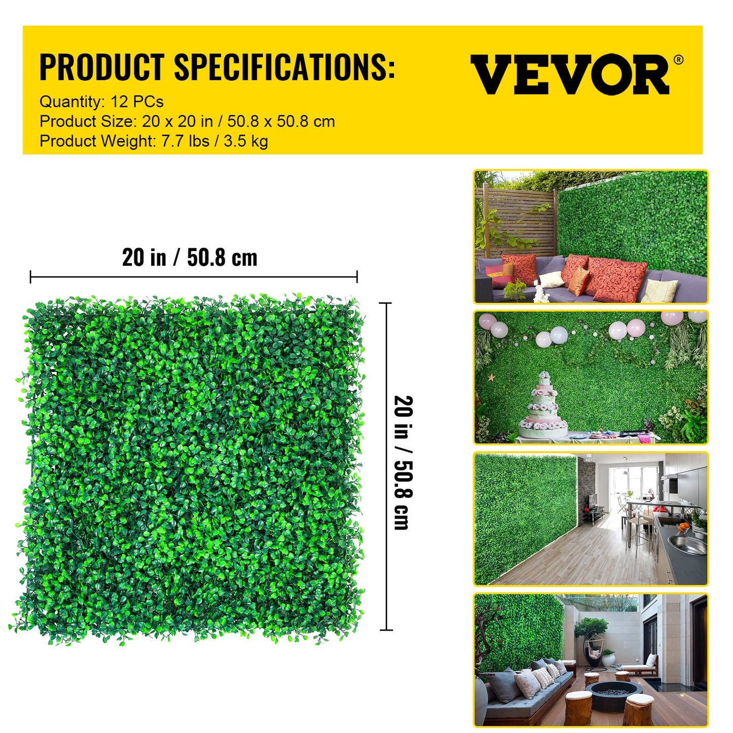 VEVOR Artificial Boxwood Panels, 12 PCS 20"x20" Boxwood Hedge Wall Panels, PE Artificial Grass Backdrop Wall 1.6\", Privacy Hedge Screen for Decoration of Outdoor, Indoor, Garden, Fence, and Backyar
