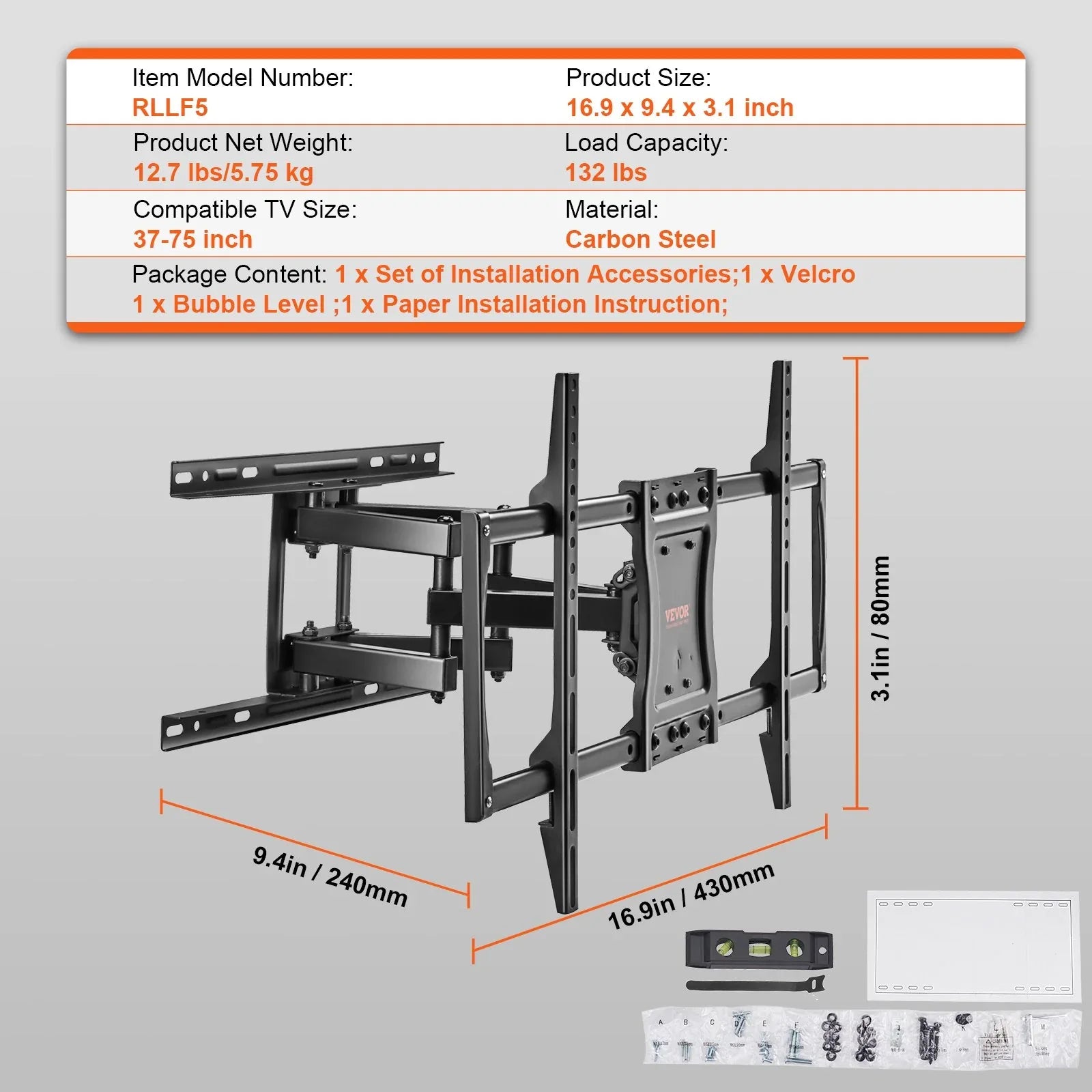 VEVOR Full Motion TV Mount Fits for Most 37-75 inch TVs, Swivel Tilt Horizontal Adjustment TV Wall Mount Bracket with 4 Articulating Arms, Max VESA 600x400mm, Holds up to 132 lbs - Mekamart Australia
