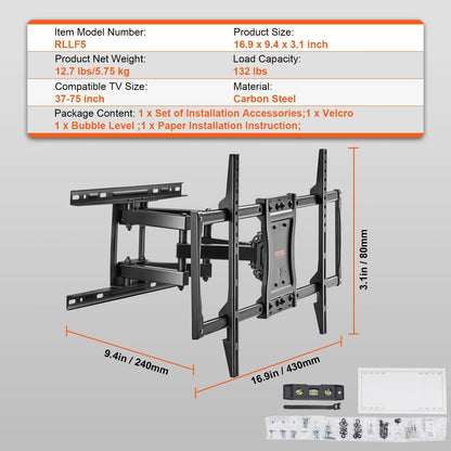 VEVOR Full Motion TV Mount Fits for Most 37-75 inch TVs, Swivel Tilt Horizontal Adjustment TV Wall Mount Bracket with 4 Articulating Arms, Max VESA 600x400mm, Holds up to 132 lbs - Mekamart Australia
