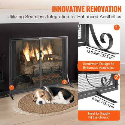 VEVOR 990x802MM Fireplace Screen 2-Panel Iron Mesh Spark Guard Vintage Black