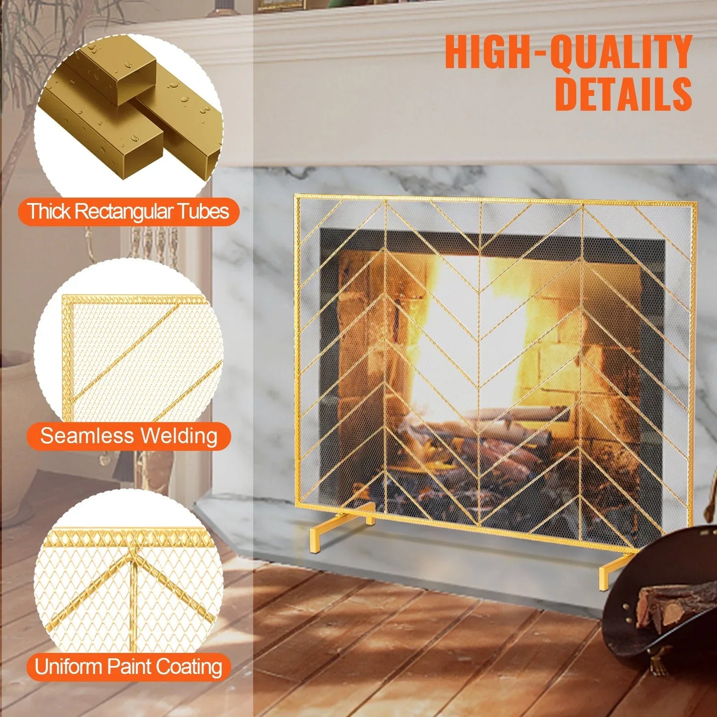 VEVOR 980x758MM Fireplace Screen 1-Panel Iron Mesh Spark Guard Modern Gold - Mekamart Australia