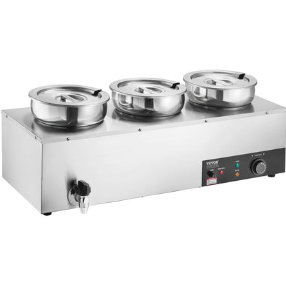 VEVOR Electric Soup Warmer, Three 7.4QT Stainless Steel Round Pot, 1200W Commercial Food Warmer, 30 - 85℃ Adjustable Temp, Bain Marie with Anti-Dry Burn and Reset Button, for Restaurant, Buffet