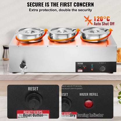 VEVOR Electric Soup Warmer, Three 7.4QT Stainless Steel Round Pot, 1200W Commercial Food Warmer, 30 - 85℃ Adjustable Temp, Bain Marie with Anti-Dry Burn and Reset Button, for Restaurant, Buffet