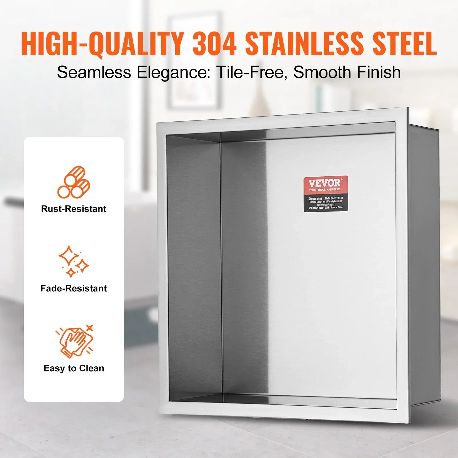 VEVOR 33.02 x 33.02 cm No Tile Shower Niche 304 Stainless Steel, Wall-Inserted Niche Recessed Double Shelves, Sealed Waterproof Rust-Resistant Modern Niche for Shower Bathroom Soap Storage, Silver - Mekamart Australia