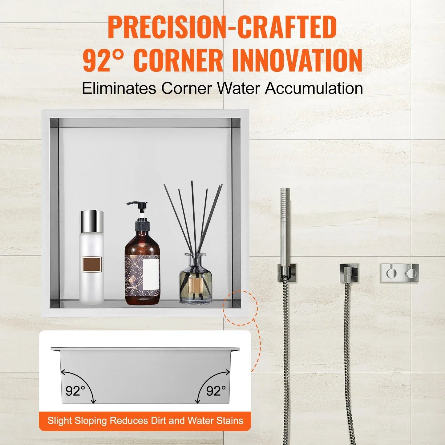 VEVOR 33.02 x 33.02 cm No Tile Shower Niche 304 Stainless Steel, Wall-Inserted Niche Recessed Double Shelves, Sealed Waterproof Rust-Resistant Modern Niche for Shower Bathroom Soap Storage, Silver - Mekamart Australia