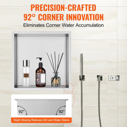 VEVOR 33.02 x 33.02 cm No Tile Shower Niche 304 Stainless Steel, Wall-Inserted Niche Recessed Double Shelves, Sealed Waterproof Rust-Resistant Modern Niche for Shower Bathroom Soap Storage, Silver - Mekamart Australia