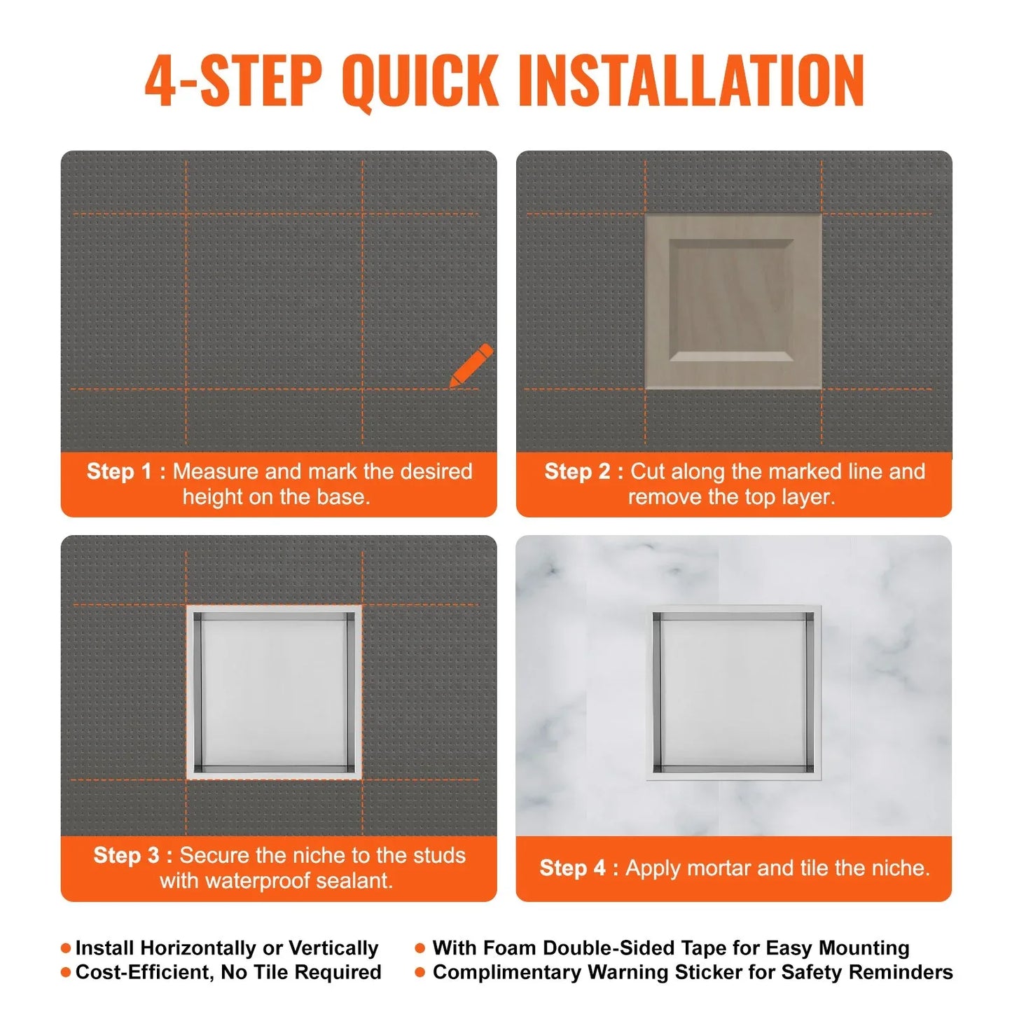 VEVOR 33.02 x 33.02 cm No Tile Shower Niche 304 Stainless Steel, Wall-Inserted Niche Recessed Double Shelves, Sealed Waterproof Rust-Resistant Modern Niche for Shower Bathroom Soap Storage, Silver - Mekamart Australia