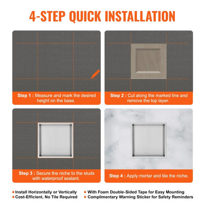 VEVOR 33.02 x 33.02 cm No Tile Shower Niche 304 Stainless Steel, Wall-Inserted Niche Recessed Double Shelves, Sealed Waterproof Rust-Resistant Modern Niche for Shower Bathroom Soap Storage, Silver - Mekamart Australia