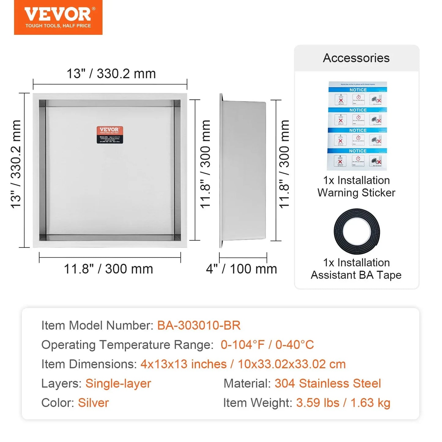 VEVOR 33.02 x 33.02 cm No Tile Shower Niche 304 Stainless Steel, Wall-Inserted Niche Recessed Double Shelves, Sealed Waterproof Rust-Resistant Modern Niche for Shower Bathroom Soap Storage, Silver - Mekamart Australia