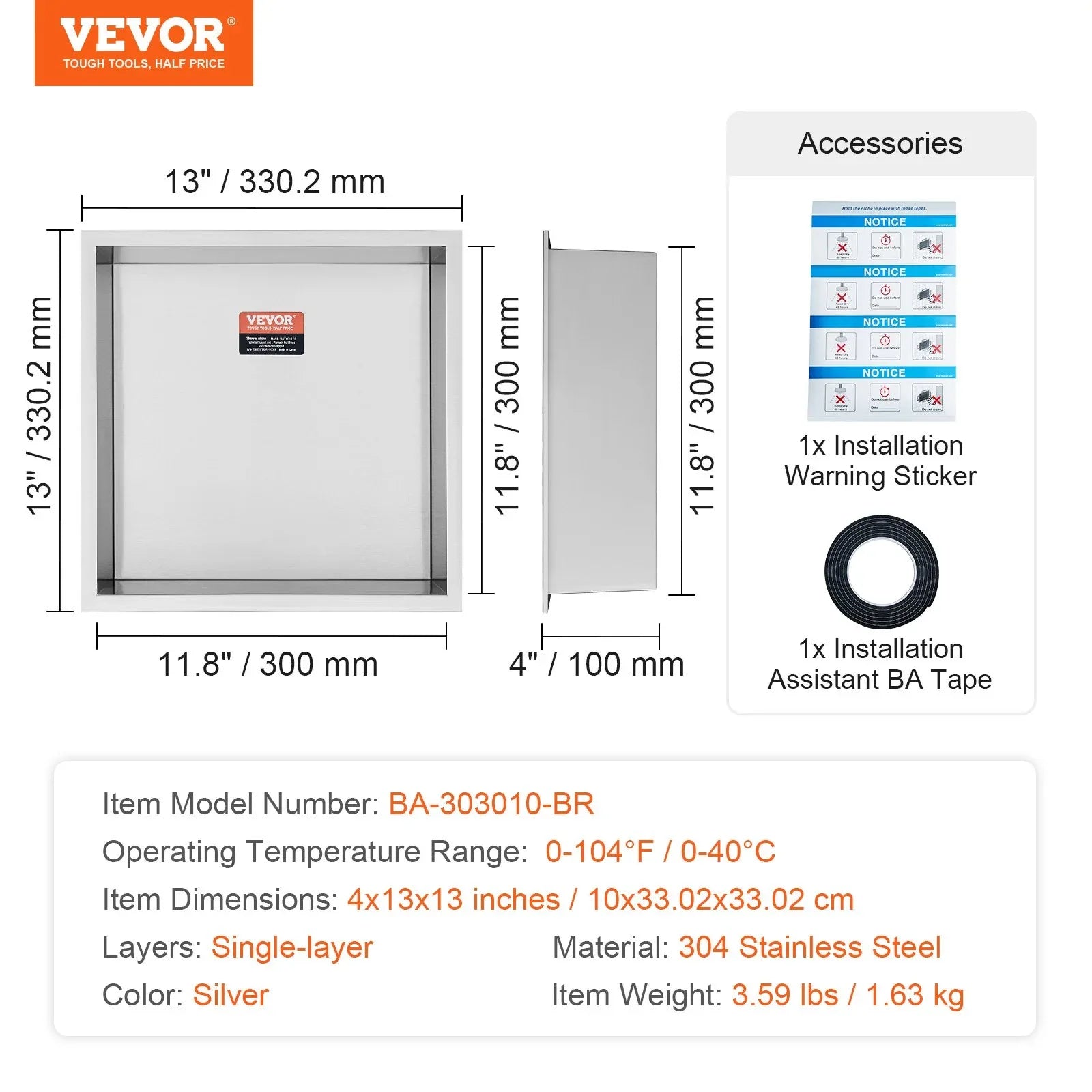 VEVOR 33.02 x 33.02 cm No Tile Shower Niche 304 Stainless Steel, Wall-Inserted Niche Recessed Double Shelves, Sealed Waterproof Rust-Resistant Modern Niche for Shower Bathroom Soap Storage, Silver - Mekamart Australia