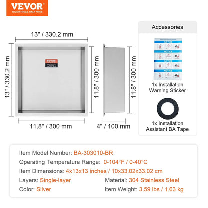 VEVOR 33.02 x 33.02 cm No Tile Shower Niche 304 Stainless Steel, Wall-Inserted Niche Recessed Double Shelves, Sealed Waterproof Rust-Resistant Modern Niche for Shower Bathroom Soap Storage, Silver - Mekamart Australia
