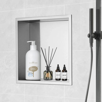 VEVOR 33.02 x 33.02 cm No Tile Shower Niche 304 Stainless Steel, Wall-Inserted Niche Recessed Double Shelves, Sealed Waterproof Rust-Resistant Modern Niche for Shower Bathroom Soap Storage, Silver - Mekamart Australia