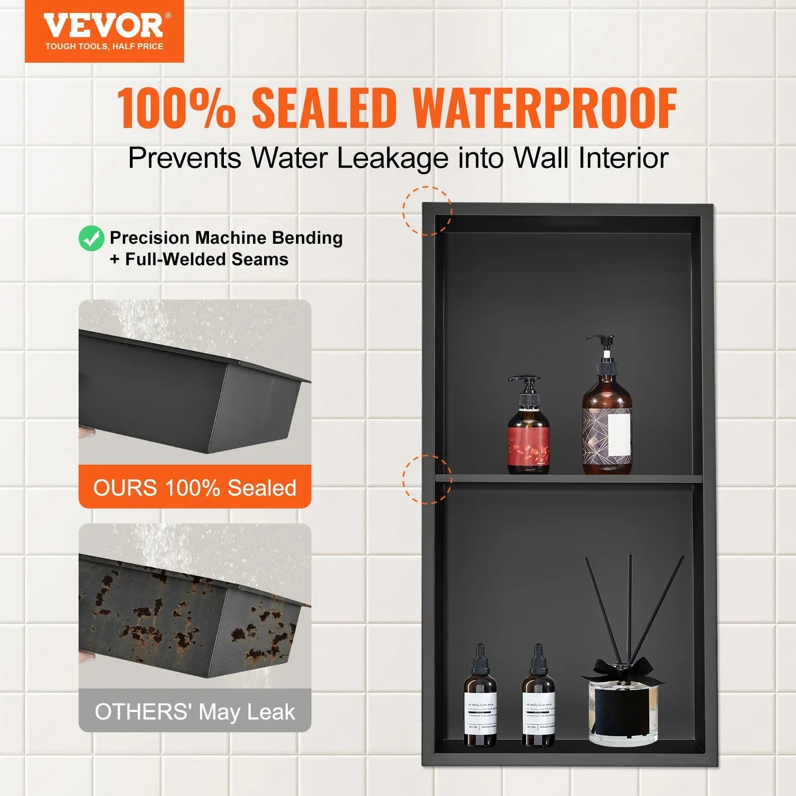 VEVOR 33.02 x 63.5 cm No Tile Shower Niche 304 Stainless Steel, Wall-Inserted Niche Recessed Double Shelves, Sealed Waterproof Rust-Resistant Modern Niche for Shower or Soap Storage Bathroom - Mekamart Australia