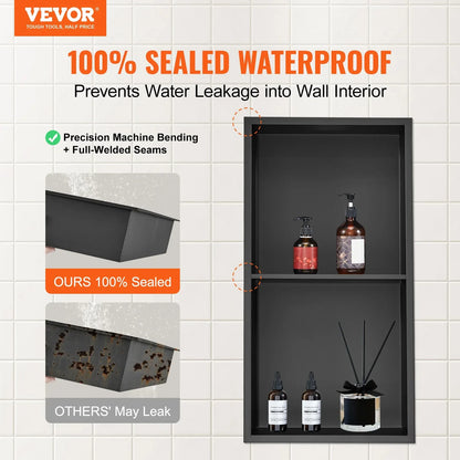 VEVOR 33.02 x 63.5 cm No Tile Shower Niche 304 Stainless Steel, Wall-Inserted Niche Recessed Double Shelves, Sealed Waterproof Rust-Resistant Modern Niche for Shower or Soap Storage Bathroom - Mekamart Australia