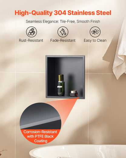 VEVOR Shower Niche, 33.0 x 33.0 x 10.2 cm Recessed Wall Niche, Heavy-duty Stainless Steel Modern Soap & Shampoo Storage Organizer, Sealed Waterproof, Durable & Easy to Install, Black for Bathroom