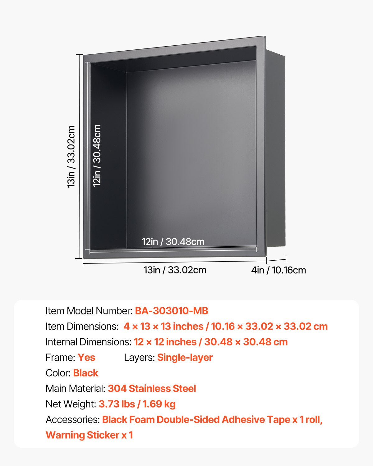 VEVOR Shower Niche, 33.0 x 33.0 x 10.2 cm Recessed Wall Niche, Heavy-duty Stainless Steel Modern Soap & Shampoo Storage Organizer, Sealed Waterproof, Durable & Easy to Install, Black for Bathroom