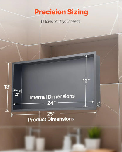 VEVOR Shower Niche, 33.0 x 63.5 x 10.2 cm Recessed Wall Niche, Heavy-duty Stainless Steel Modern Soap & Shampoo Storage Organizer, Sealed Waterproof, Durable & Easy to Install, Black for Bathroom