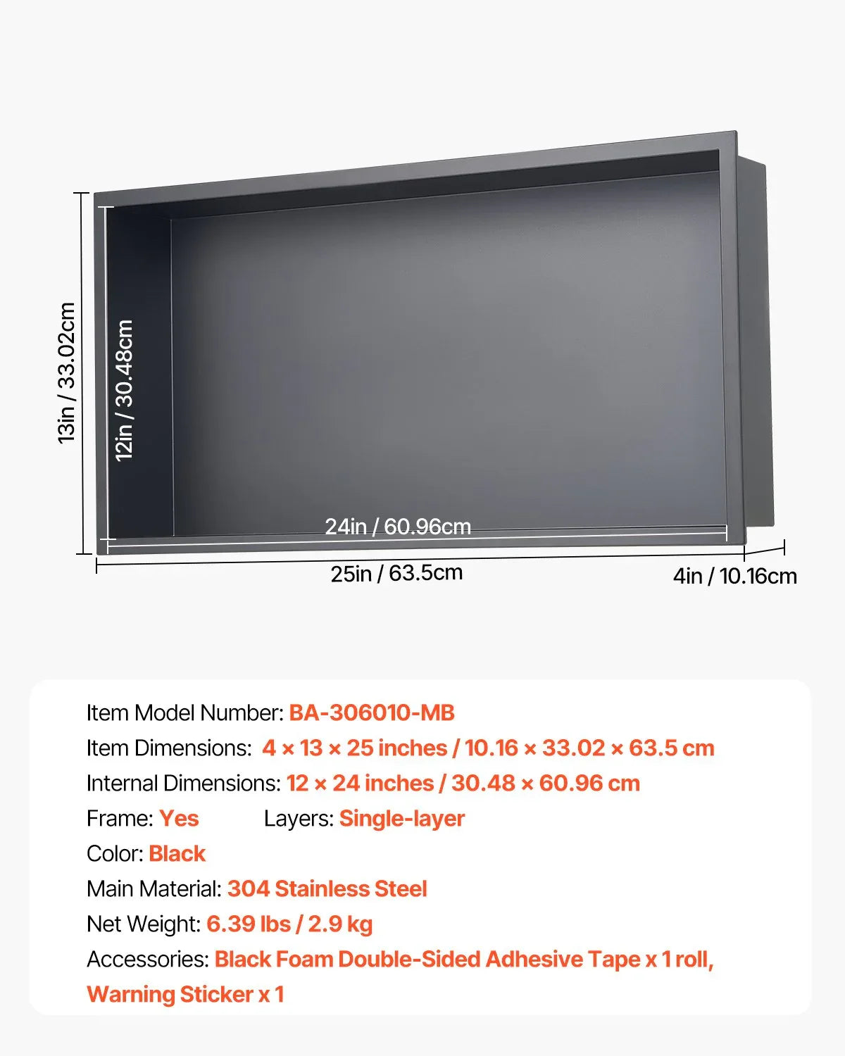 VEVOR Shower Niche, 33.0 x 63.5 x 10.2 cm Recessed Wall Niche, Heavy-duty Stainless Steel Modern Soap & Shampoo Storage Organizer, Sealed Waterproof, Durable & Easy to Install, Black for Bathroom