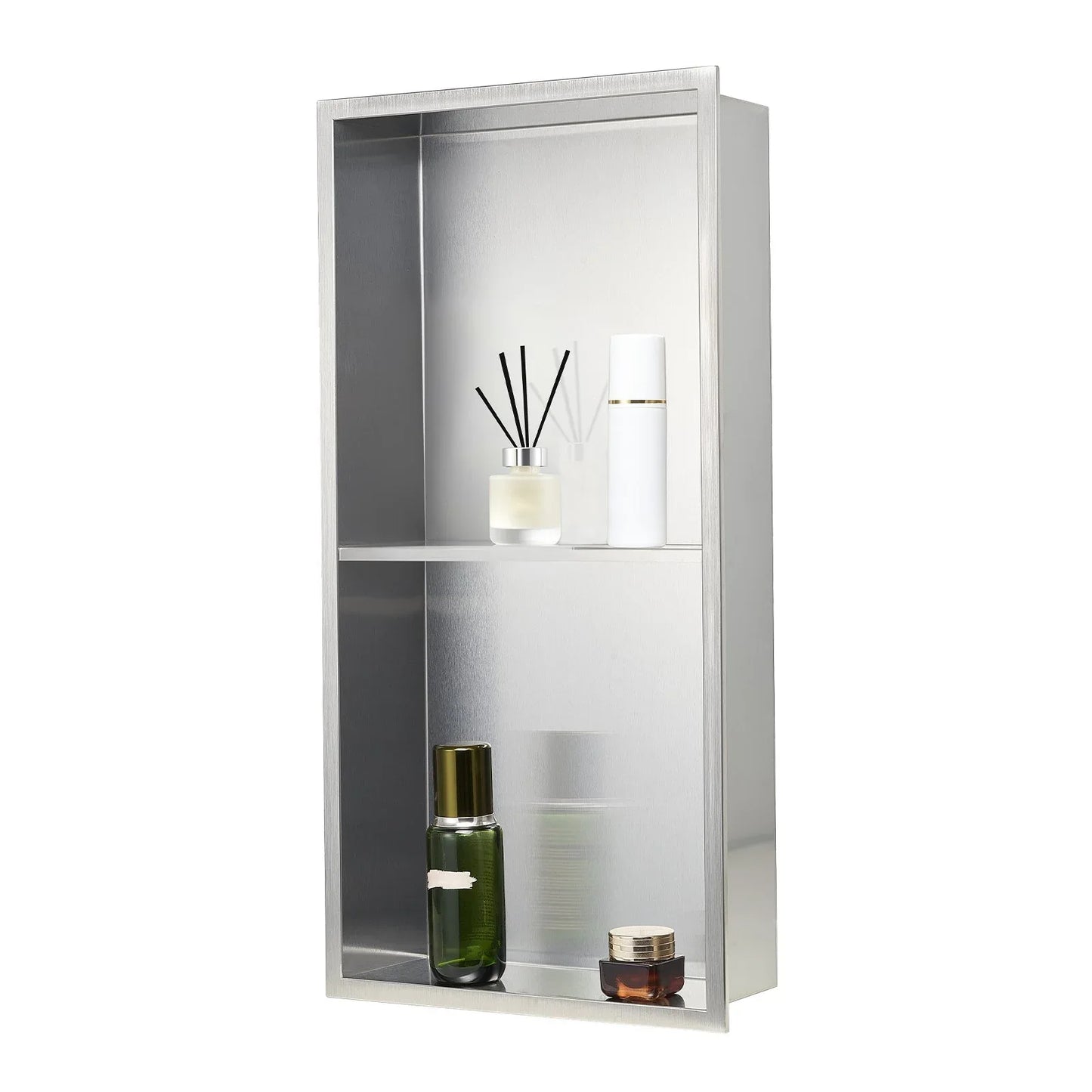 VEVOR Shower Niche, 33.0 x 63.5 x 10.2 cm Recessed Wall Niche Double-layer, with Hollowed-out Divider, Heavy-duty Stainless Steel Modern Shampoo Storage Organizer, Waterproof, Silver for Bathroom