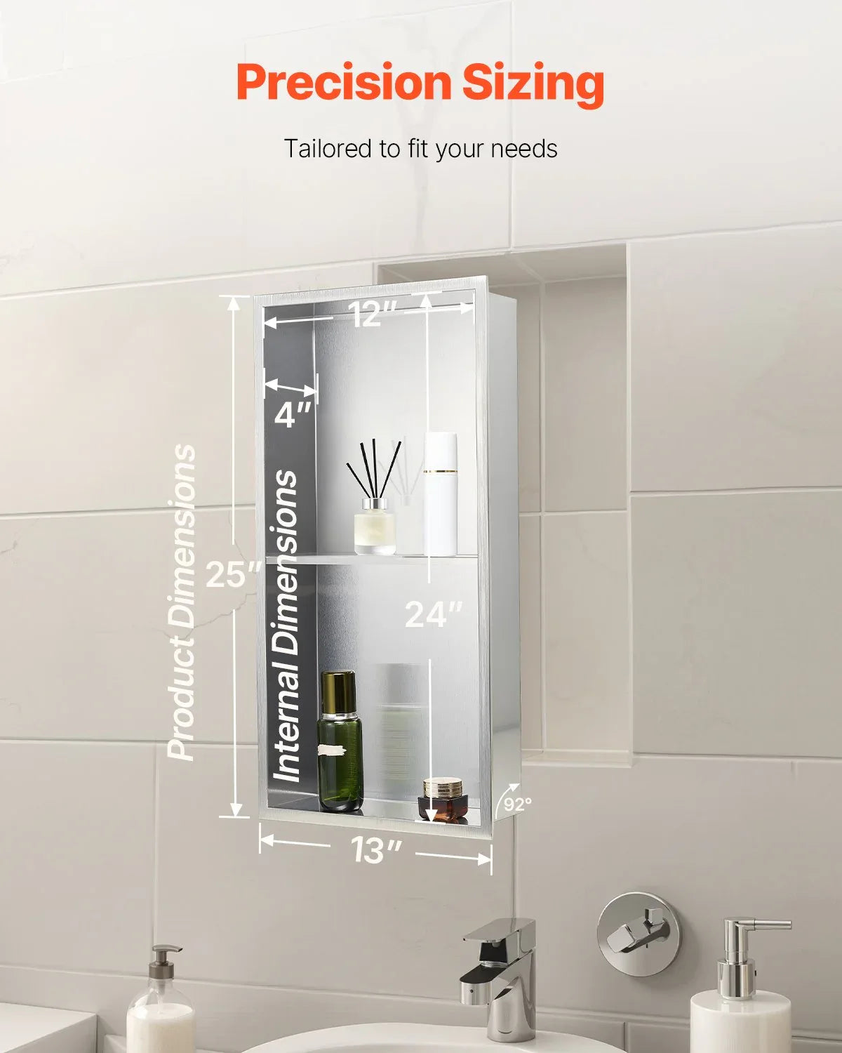 VEVOR Shower Niche, 33.0 x 63.5 x 10.2 cm Recessed Wall Niche Double-layer, with Hollowed-out Divider, Heavy-duty Stainless Steel Modern Shampoo Storage Organizer, Waterproof, Silver for Bathroom