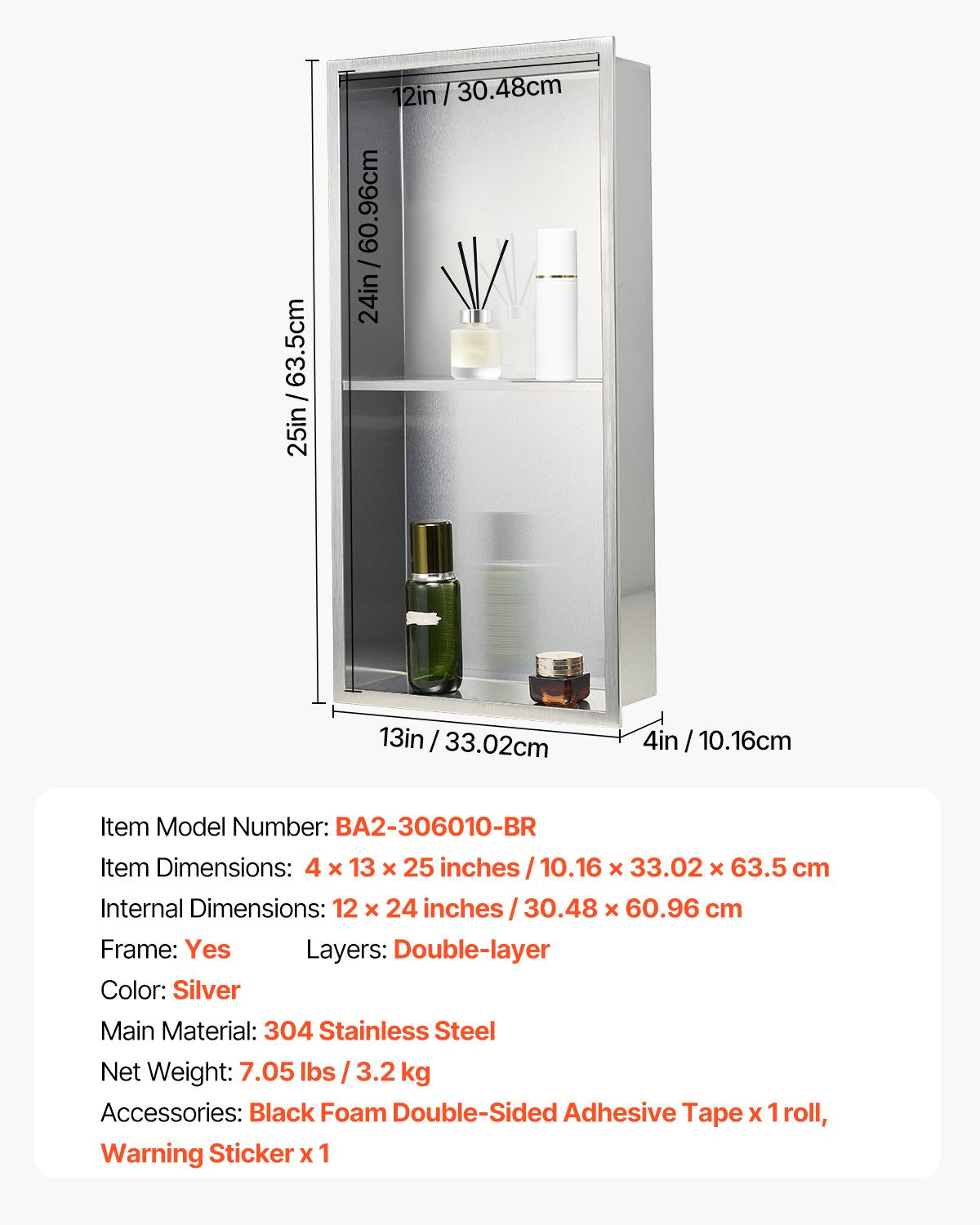 VEVOR Shower Niche, 33.0 x 63.5 x 10.2 cm Recessed Wall Niche Double-layer, with Hollowed-out Divider, Heavy-duty Stainless Steel Modern Shampoo Storage Organizer, Waterproof, Silver for Bathroom