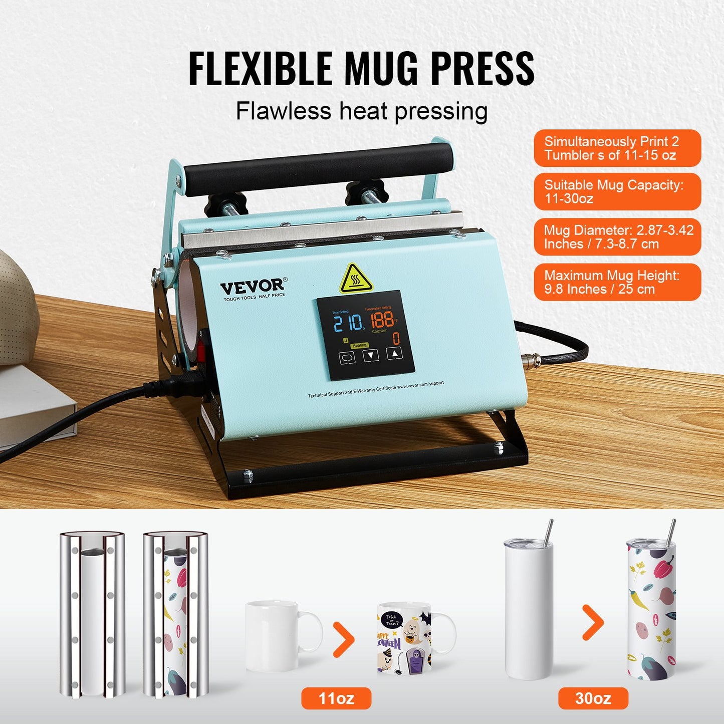 VEVOR 2 in 1 Tumbler and Hat Heat Press Machine Heat Machine for Caps Hats Mugs