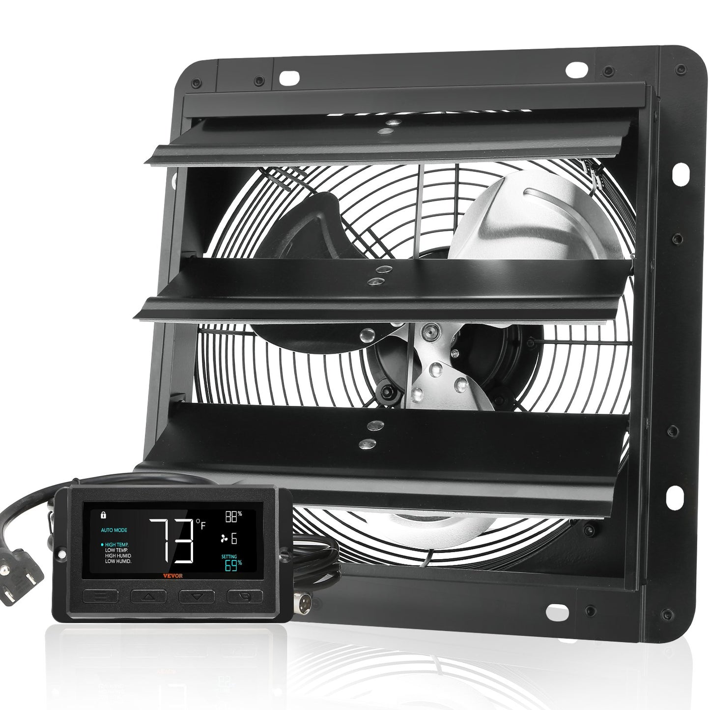 VEVOR Shutter Exhaust Fan, 254mm / 10inch  with Temperature Humidity Controller, EC-motor, 843 CFM, Variable Speed Adjustable Wall Mount Attic Fan, Ventilation and Cooling for Greenhouses, Garages, Sheds