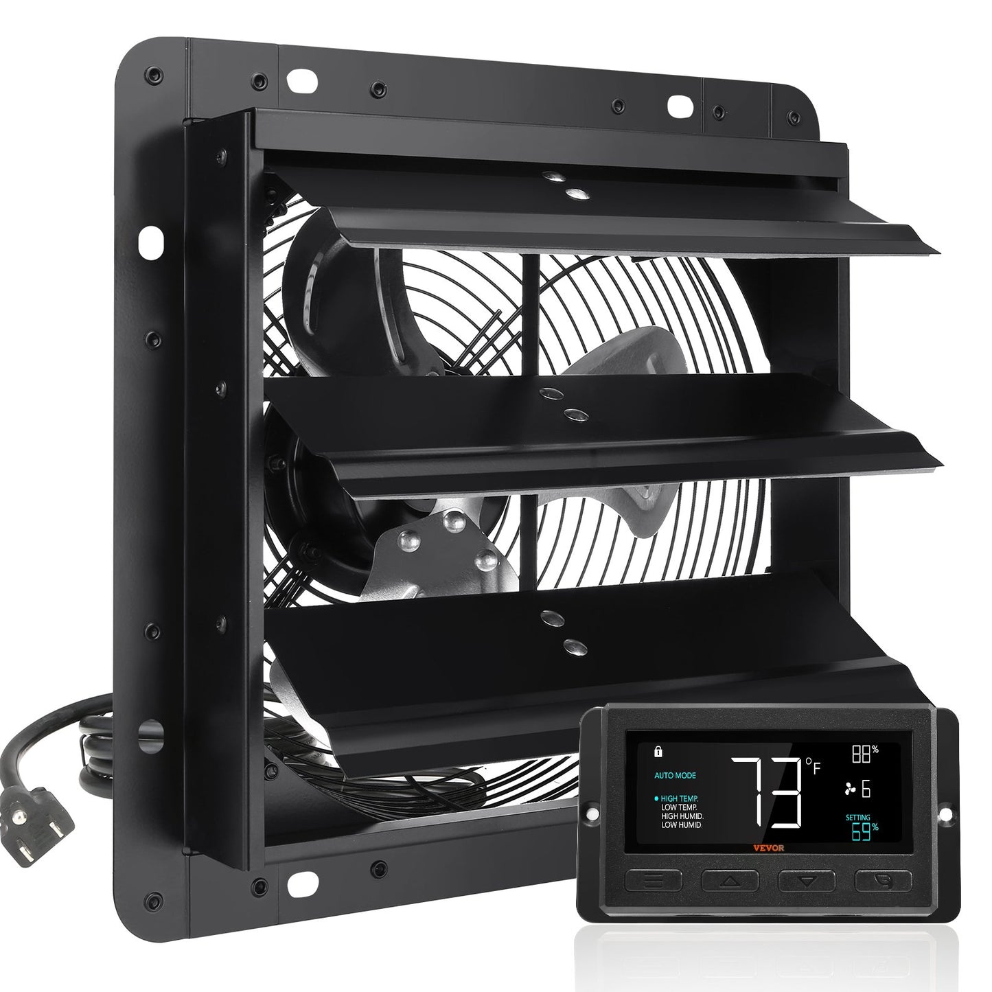 VEVOR Shutter Exhaust Fan, 254mm / 10inch  with Temperature Humidity Controller, EC-motor, 843 CFM, Variable Speed Adjustable Wall Mount Attic Fan, Ventilation and Cooling for Greenhouses, Garages, Sheds