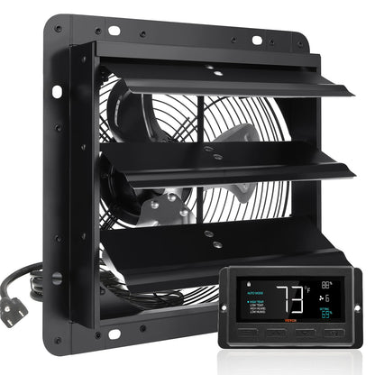 VEVOR Shutter Exhaust Fan, 254mm / 10inch  with Temperature Humidity Controller, EC-motor, 843 CFM, Variable Speed Adjustable Wall Mount Attic Fan, Ventilation and Cooling for Greenhouses, Garages, Sheds