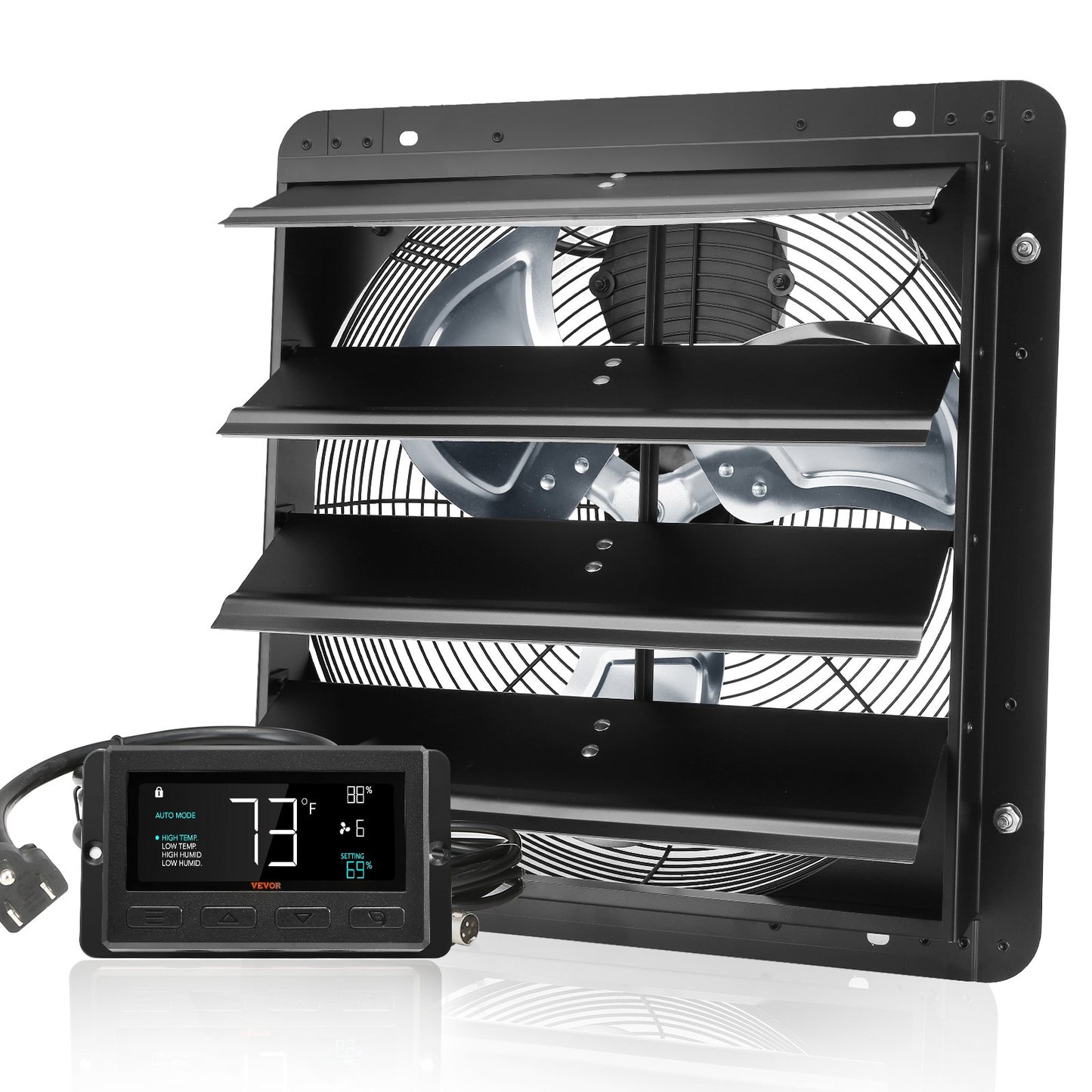 VEVOR Shutter Exhaust Fan, 406 mm /16inch with Temperature Humidity Controller, EC-motor, 1747 CFM, Variable Speed Adjustable Wall Mount Attic Fan, Ventilation and Cooling for Greenhouses, Garages, Sheds