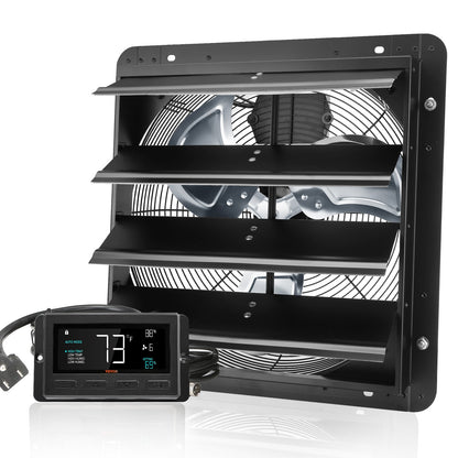 VEVOR Shutter Exhaust Fan, 406 mm /16inch with Temperature Humidity Controller, EC-motor, 1747 CFM, Variable Speed Adjustable Wall Mount Attic Fan, Ventilation and Cooling for Greenhouses, Garages, Sheds