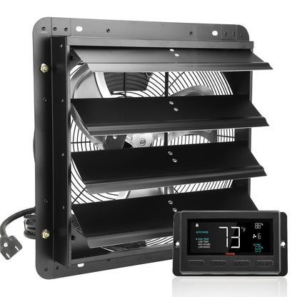 VEVOR Shutter Exhaust Fan, 406 mm /16inch with Temperature Humidity Controller, EC-motor, 1747 CFM, Variable Speed Adjustable Wall Mount Attic Fan, Ventilation and Cooling for Greenhouses, Garages, Sheds