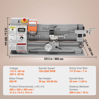 VEVOR Mini Metal Lathe Machine, 180 x 400 mm, 800W Precision Benchtop Power Metal Lathe, 150-2500 RPM Continuously Variable Speed, with 3-jaw Metal Chuck Tool Box for Processing Precision Parts