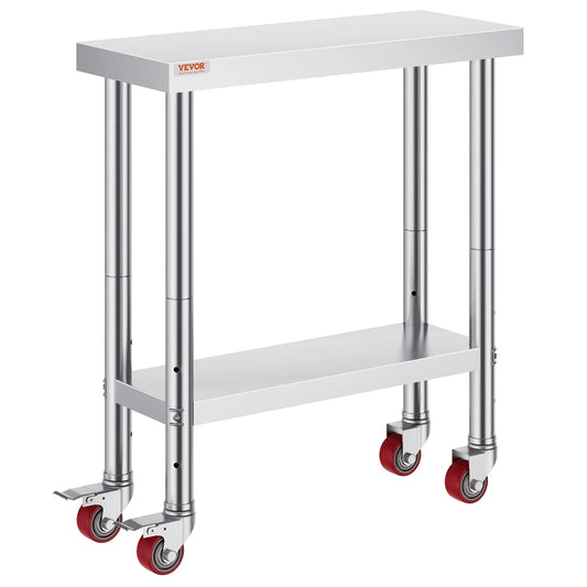 VEVOR 30x12x34 Inch Stainless Steel Work Table 3-Stage Adjustable Shelf with 4 Wheels Heavy Duty Commercial Food Prep Worktable with Brake for Kitchen Prep Work - Mekamart Australia