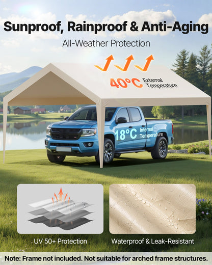 VEVOR Carport Replacement Canopy, 6 x 3.6 m Potable Garage Tent Top Tarp, UV-Resistant & Waterproof Car Shelter Tarp, Heavy Duty Car Port Cover with Ball Buggees, Beige, Frame Not Included