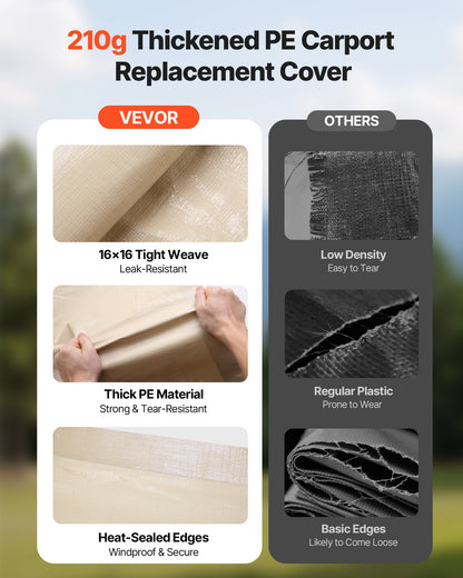 VEVOR Carport Replacement Canopy, 6 x 3.6 m Potable Garage Tent Top Tarp, UV-Resistant & Waterproof Car Shelter Tarp, Heavy Duty Car Port Cover with Ball Buggees, Beige, Frame Not Included