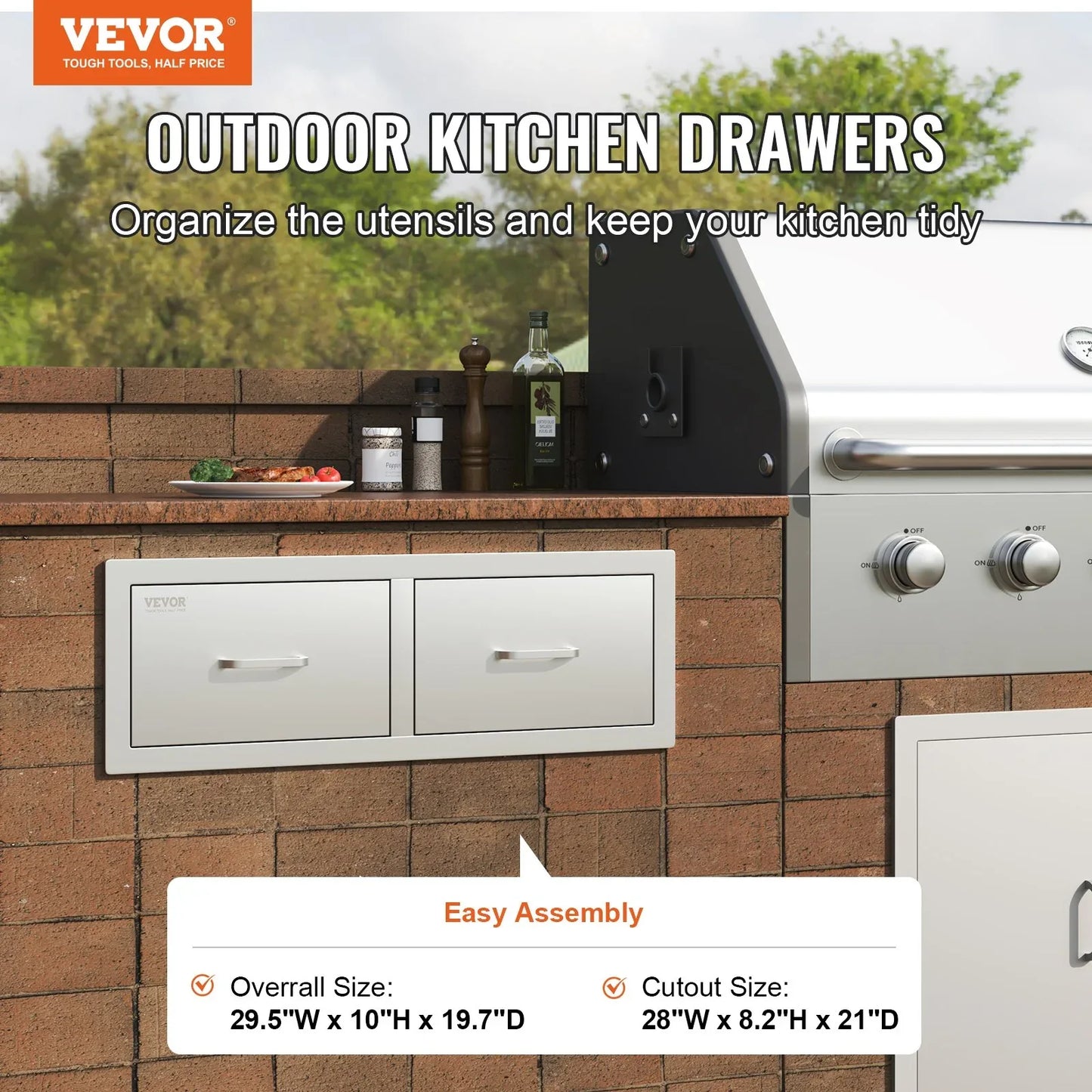 VEVOR Outdoor Kitchen Drawers 30" W x 10" H x 20" D, Horizontal Double BBQ Access Drawers Stainless Steel with Handle, BBQ Island Drawers for Outdoor Kitchens or Patio Grill Station - Mekamart Australia