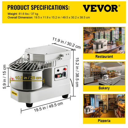 VEVOR Commercial Dough Food Mixer, 8L Large Capacity Stainless Steel Mixer with Bowel, Hook, Shield, Reset Button, 450W Tilt-Head Kitchen Dough Mixers for Cake, Cream, Egg Fluid, Fillings