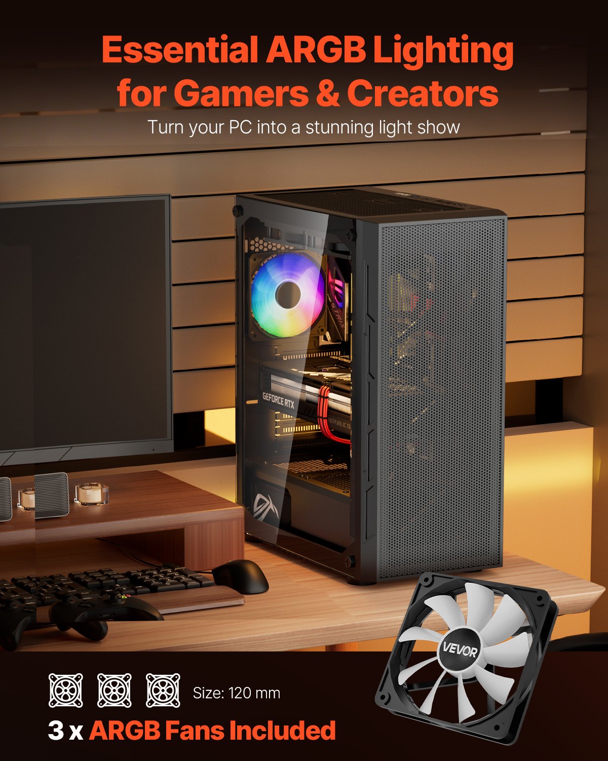 VEVOR Mid-Tower ATX PC Gaming Case Computer Case Box with 3 x 120 mm ARGB Fans