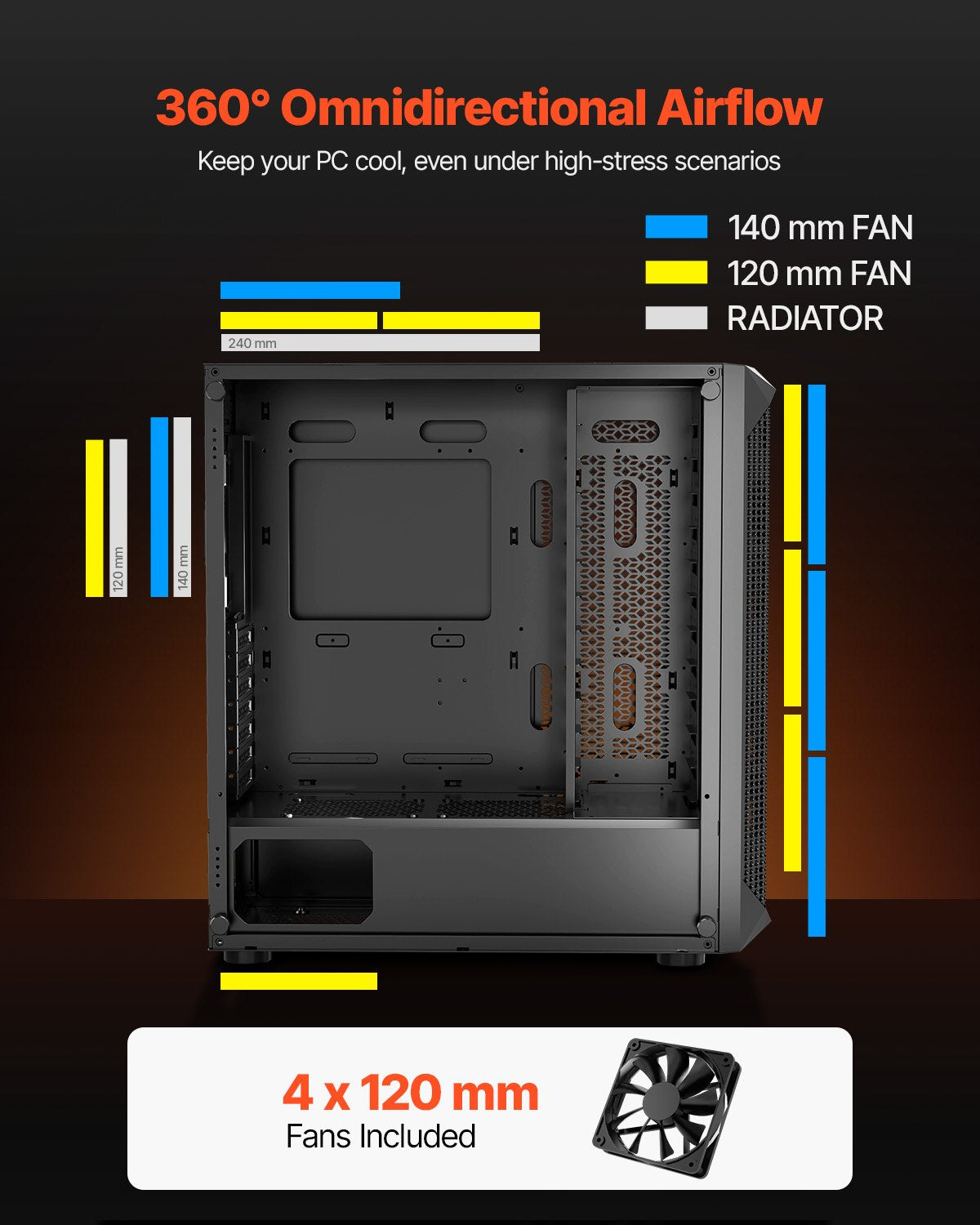 VEVOR PC Gaming Case, Mid-Tower, Computer Case with High-Airflow Tempered Glass Panel, Dust Filter, 4 x 120 mm Fans, Cable Management, for GPU up to 270 mm in Length, Compatible with ATX/M-ATX/ITX