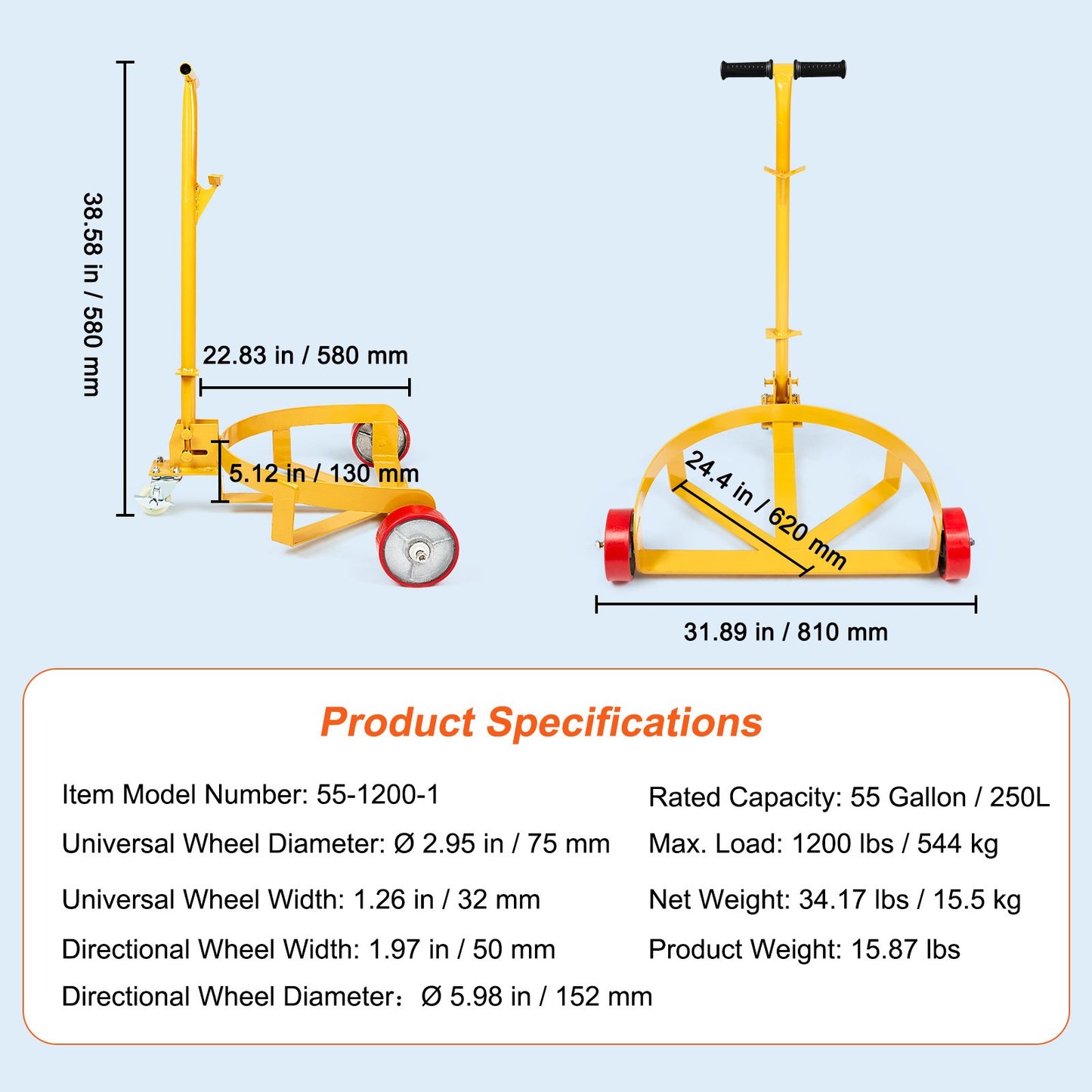 VEVOR 250L Drum Dolly, 544 kg Load Capacity, Barrel Dolly Cart Drum Caddy Round Dolly Steel Low Profile, Heavy Duty Steel Frame with Adjustable Handle 3 Wheels, for Workshop Factory Warehouse