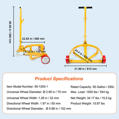 VEVOR 250L Drum Dolly, 544 kg Load Capacity, Barrel Dolly Cart Drum Caddy Round Dolly Steel Low Profile, Heavy Duty Steel Frame with Adjustable Handle 3 Wheels, for Workshop Factory Warehouse