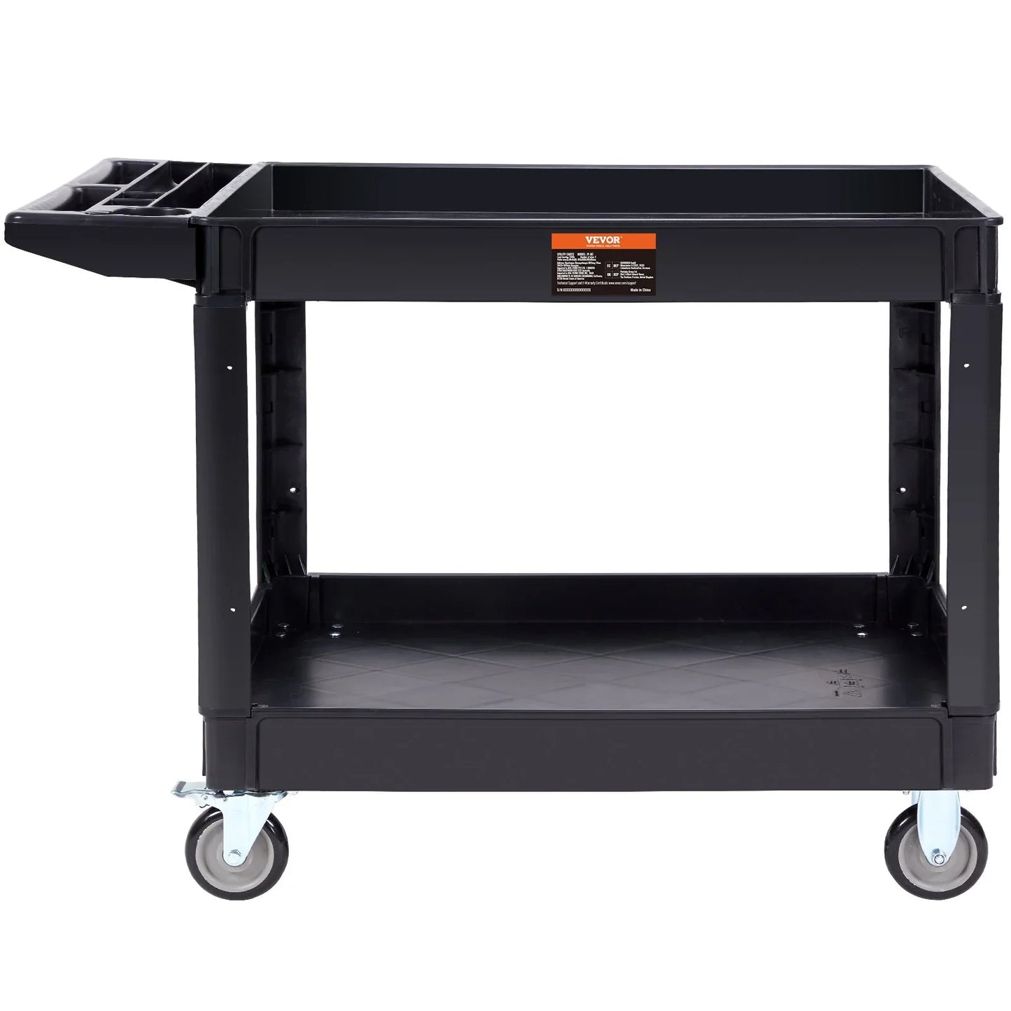 VEVOR Utility Service Cart, 2 Shelf 550LBS Heavy Duty Plastic Rolling Utility Cart with 360° Swivel Wheels (2 with Brakes), Large Lipped Shelf, Ergonomic Storage Handle for Warehouse/Garage/Cleaning - Mekamart Australia