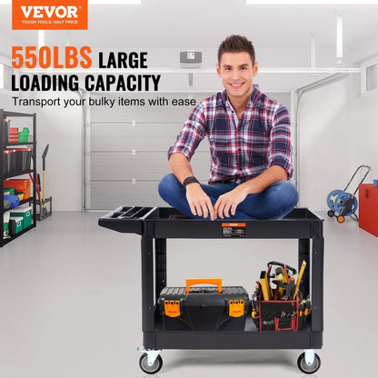VEVOR Utility Service Cart, 2 Shelf 550LBS Heavy Duty Plastic Rolling Utility Cart with 360° Swivel Wheels (2 with Brakes), Large Lipped Shelf, Ergonomic Storage Handle for Warehouse/Garage/Cleaning - Mekamart Australia