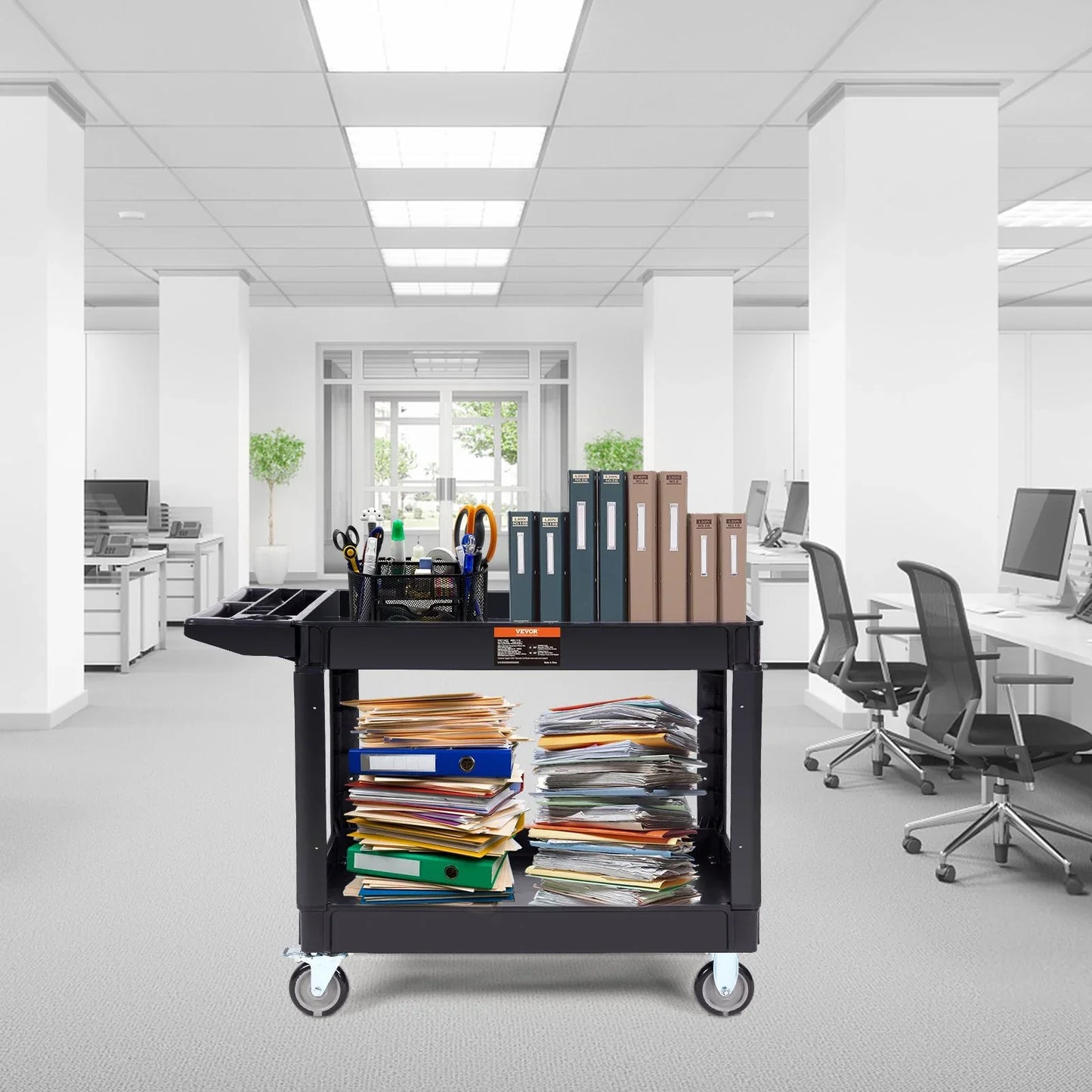 VEVOR Utility Service Cart, 2 Shelf 550LBS Heavy Duty Plastic Rolling Utility Cart with 360° Swivel Wheels (2 with Brakes), Large Lipped Shelf, Ergonomic Storage Handle for Warehouse/Garage/Cleaning - Mekamart Australia