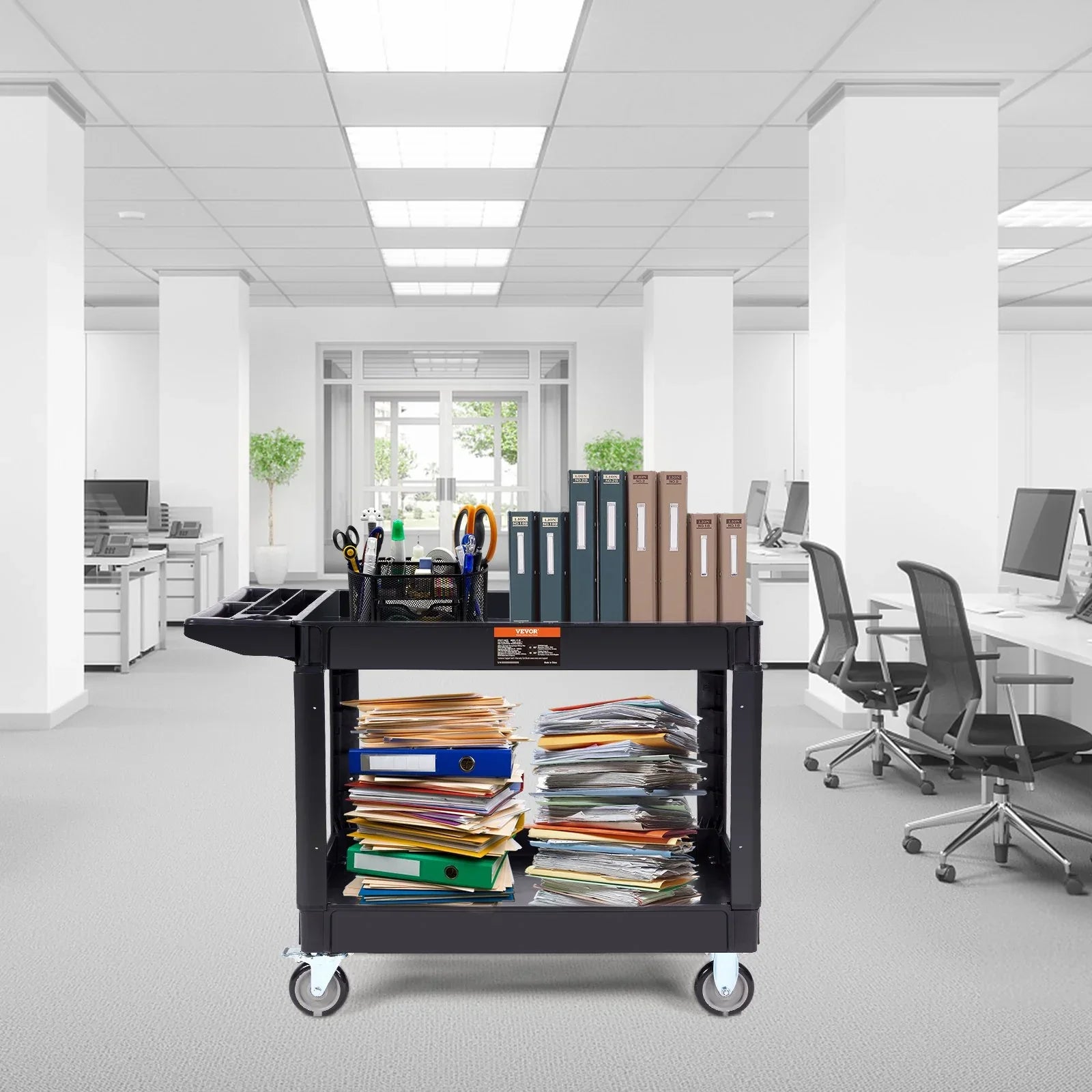 VEVOR Utility Service Cart, 2 Shelf 550LBS Heavy Duty Plastic Rolling Utility Cart with 360° Swivel Wheels (2 with Brakes), Large Lipped Shelf, Ergonomic Storage Handle for Warehouse/Garage/Cleaning - Mekamart Australia
