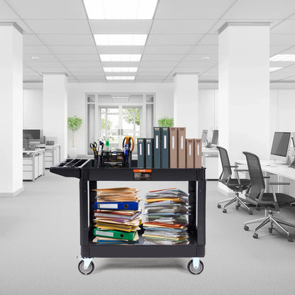 VEVOR Utility Service Cart, 2 Shelf 550LBS Heavy Duty Plastic Rolling Utility Cart with 360° Swivel Wheels (2 with Brakes), Large Lipped Shelf, Ergonomic Storage Handle for Warehouse/Garage/Cleaning - Mekamart Australia