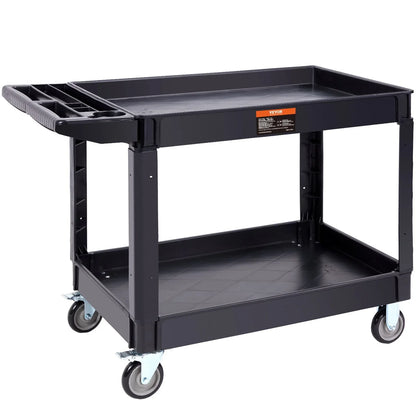 VEVOR Utility Service Cart, 2 Shelf 550LBS Heavy Duty Plastic Rolling Utility Cart with 360° Swivel Wheels (2 with Brakes), Large Lipped Shelf, Ergonomic Storage Handle for Warehouse/Garage/Cleaning - Mekamart Australia