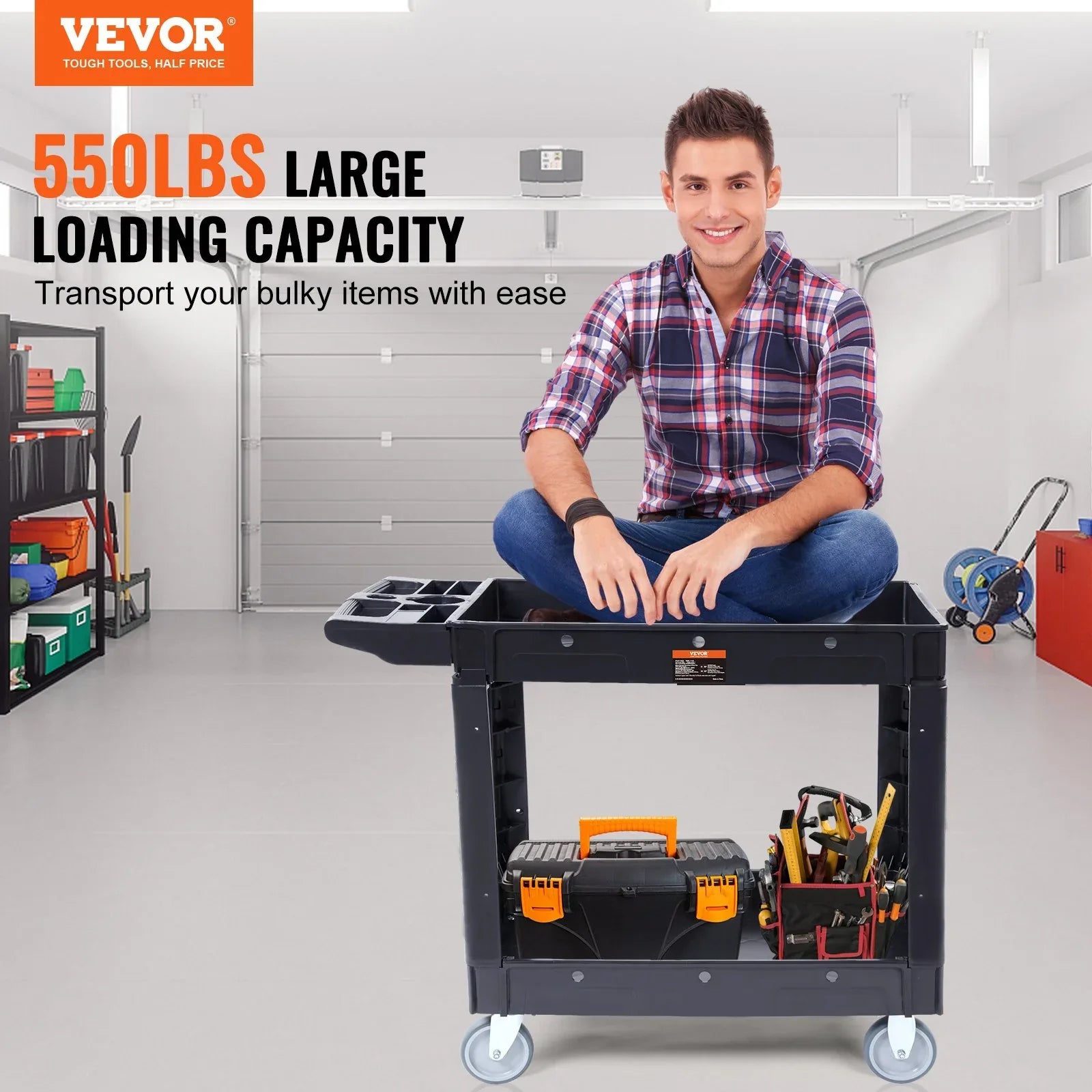 VEVOR Utility Service Cart, 2 Shelf 550LBS Heavy Duty Plastic Rolling Utility Cart with 360° Swivel Wheels, Medium Lipped Shelf, Ergonomic Storage Handle for Warehouse/Garage/Cleaning/Office - Mekamart Australia